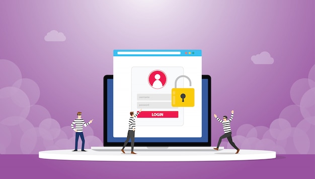 Roubo de informações de login de dados senha phishing com a equipe de ladrões com estilo moderno e simples Vetor Premium
