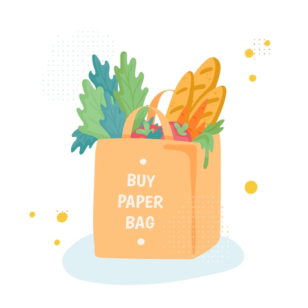 Saco de compras de papel com mantimentos. nenhum conceito de saco de plástico Vetor Premium
