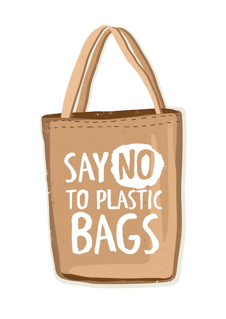 Saco de compras reutilizável de têxteis ecologicamente corretos ou comprador ecológico com a inscrição diga não às sacolas plásticas Vetor Premium