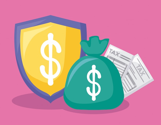 Saco de dinheiro com economia e finanças com o conjunto de ícones Vetor Premium