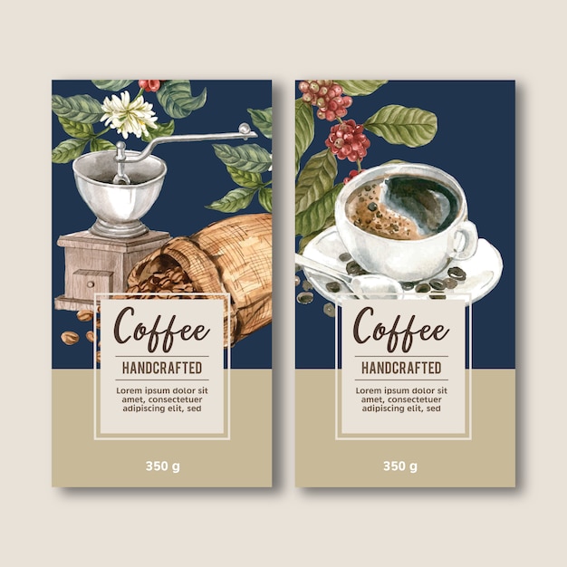 Saco de embalagem de café com ramo de folhas de feijão, máquina de fazer, ilustração de aquarela Vetor grátis