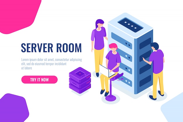 Sala de servidores isométrica, datacenter e banco de dados, trabalhando em um projeto comum, trabalho em equipe e colaboração Vetor grátis