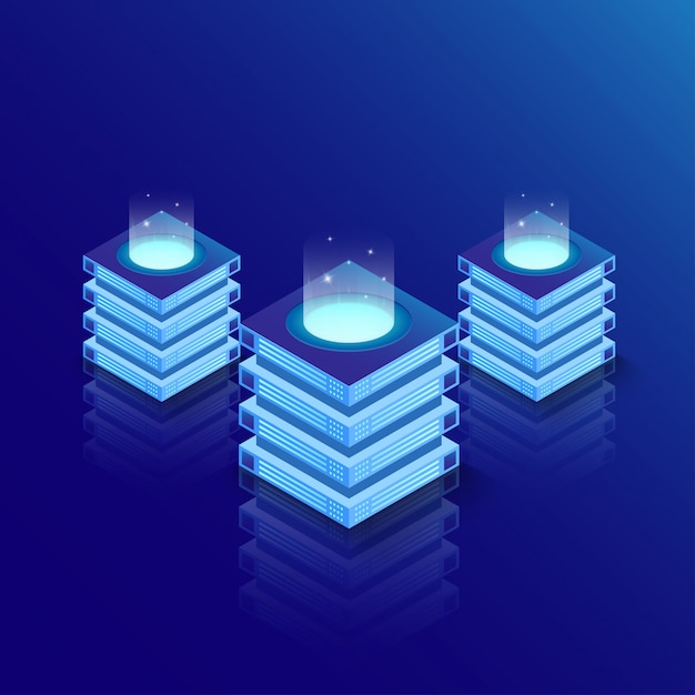 Sala do servidor isométrica e grande conceito de processamento de dados, datacenter e banco de dados. Vetor Premium