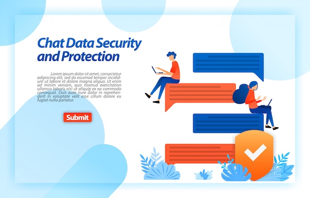 Segurança de dados on-line e bate-papo de proteção com um sistema de segurança de internet para proteger a privacidade do dispositivo e do usuário. modelo da web da página de destino Vetor Premium