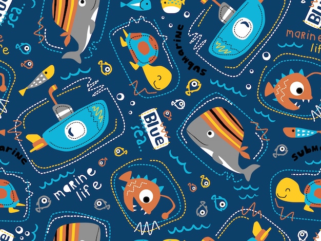 Sem costura padrão vector de submarino com desenhos animados de animais do mar. Vetor Premium