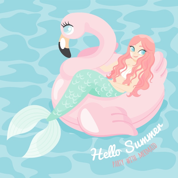 Sereia de personagem de desenho animado com piscina float flamingo Vetor Premium