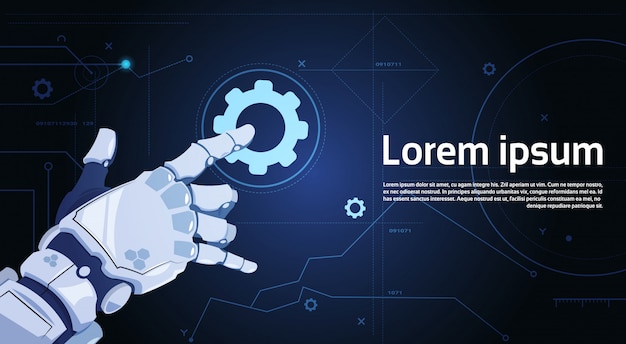 Serviço de apoio técnico robótico da engrenagem do toque da mão e conceito da inteligência artificial Vetor Premium