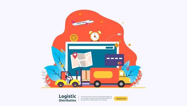 Serviço de distribuição logística global e entrega banner de envio mundial com caráter de pessoas Vetor Premium