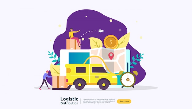 Serviço de distribuição logística global e entrega banner de envio mundial com caráter de pessoas Vetor Premium