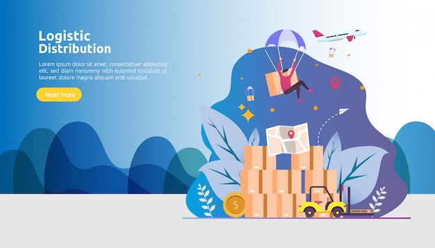 Serviço de distribuição logística global e entrega banner de envio mundial com caráter de pessoas Vetor Premium