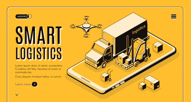 Serviço de entrega comercial, empresa de logística de negócios tecnologias inteligentes web isométrica vector bandeira Vetor grátis