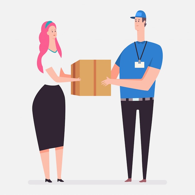 Serviço de entrega de correio. ilustração em vetor plana conceito dos desenhos animados com um mensageiro e uma mulher com uma caixa de papelão isolada Vetor Premium