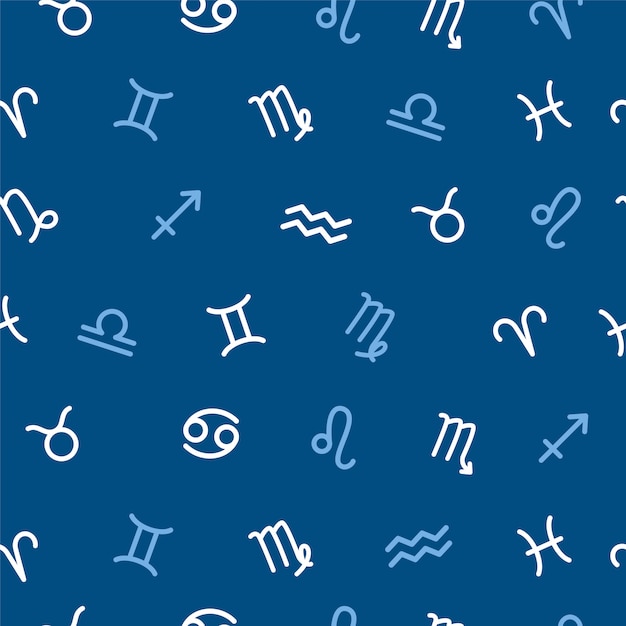 Signos sobre um fundo azul, padrão sem emenda, ilustração plana do zodíaco. fundo astrológico com signos do zodíaco Vetor Premium