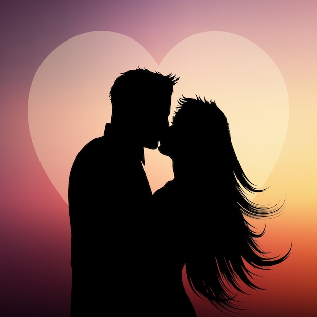 Silhueta de casal se beijando em um fundo de coração | Vetor Grátis