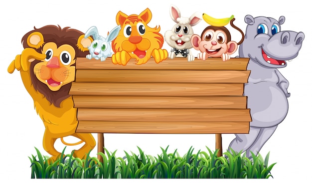 Sinal de madeira com muitos animais Vetor grátis
