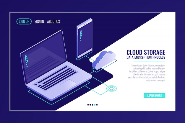 Sistema de arquivo cloid storaging, laptop com smartphone, upload de dados na sala do servidor remoto Vetor grátis
