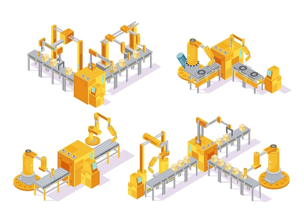 Sistema de transporte com conceito de design isométrico de controle de computador, incluindo a linha de produção e embalagem isolada ilustração vetorial Vetor grátis