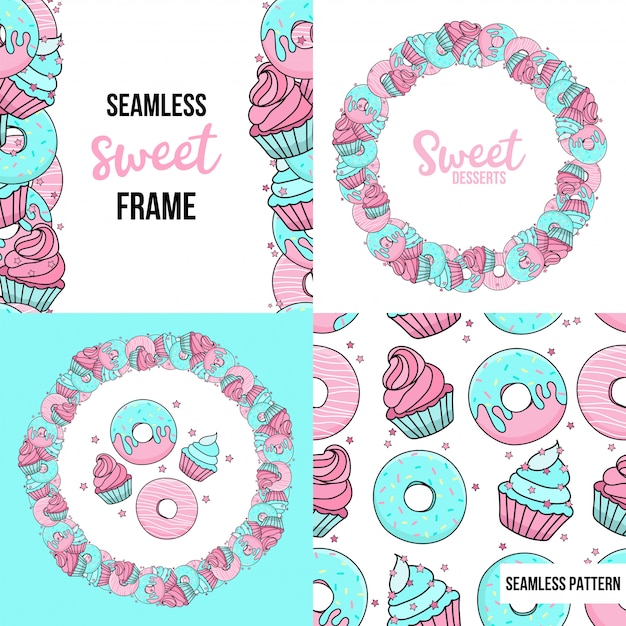 Sobremesas padrão sem emenda e quadro com sobremesas doces. rosquinhas de azuis e rosa, bolos, confetes. Vetor Premium