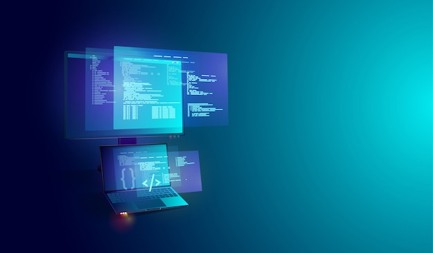Software e desenvolvimento de programas em laptop e pcr Vetor Premium