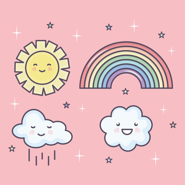 Sol de verão bonito e nuvens com arco-íris definir caracteres kawaii Vetor grátis