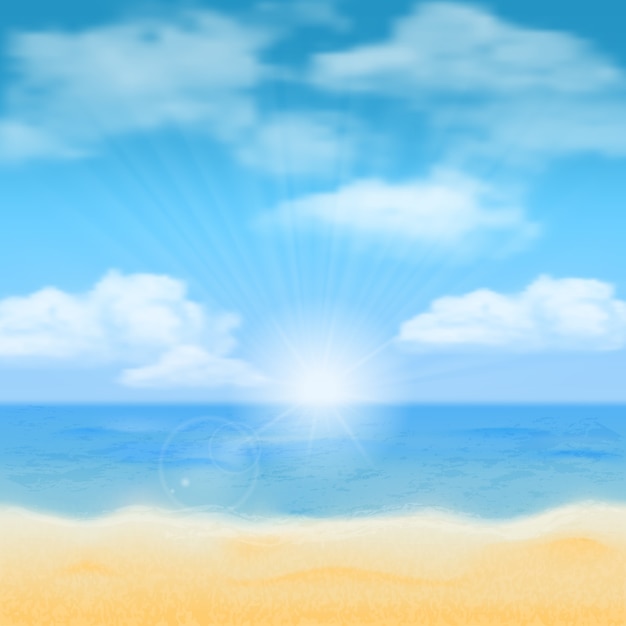 Sol sobre o horizonte do mar e as nuvens. vetor de fundo. Vetor Premium