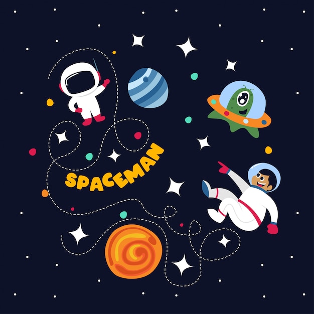 Spaceman bonito no espaço com alguns planetas e estrelas Vetor Premium