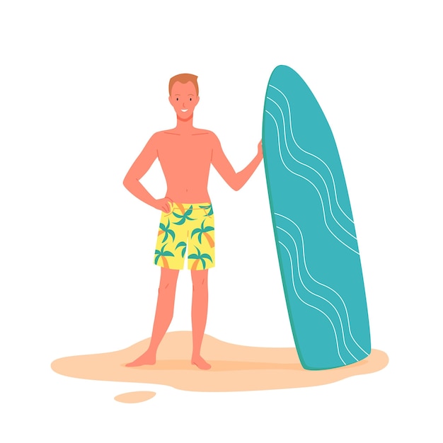 Surfista Feliz Com Prancha De Surf Na Ilustração Vetorial De Praia Personagem De Desenho 4270