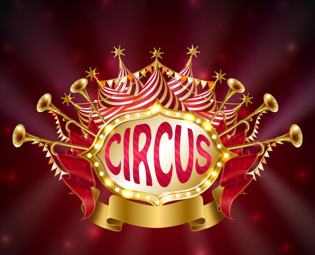 Tabuleta de circo com lâmpadas incandescentes, barraca listrada, trombetas, estrelas e bandeiras Vetor grátis