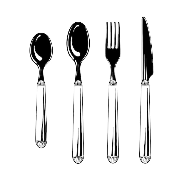 Talheres conjunto colher de chá, colher, garfo e faca em preto isolado. utensílios de mesa, vista superior. ilustração vetorial Vetor Premium