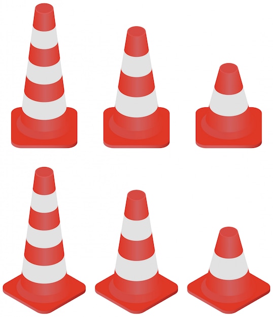Tamanho diferente isométrico da coleção dos cones do tráfego isolado no branco Vetor Premium
