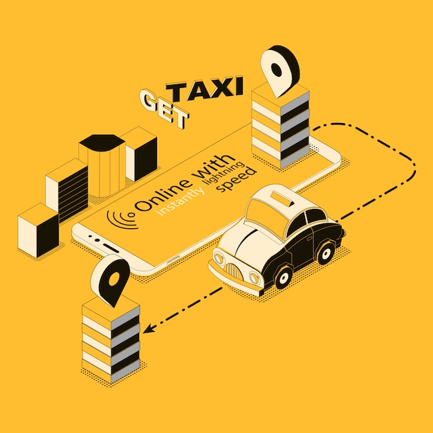 Táxi on-line isométrica, app para smartphone Vetor grátis
