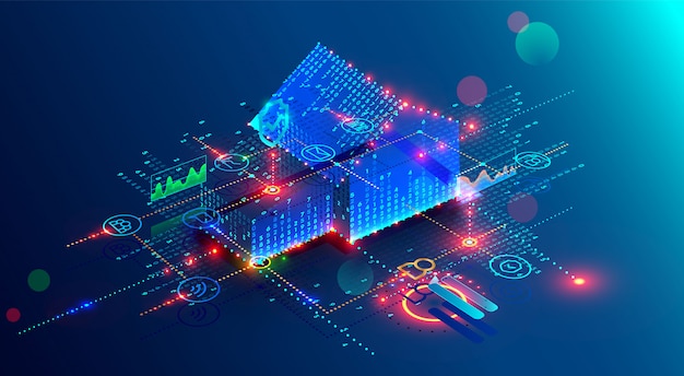 Tecnologia de casa inteligente futurista de interface com construção de plano 3d e internet de coisas Vetor Premium