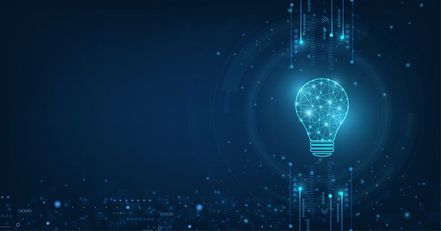 Tecnologia de círculo de vetor com luz azul e bulbo de lâmpada no fundo de tecnologia. Vetor Premium