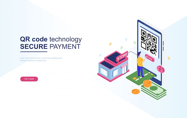 Tecnologia de código qr, pagamento seguro isométrico Vetor Premium