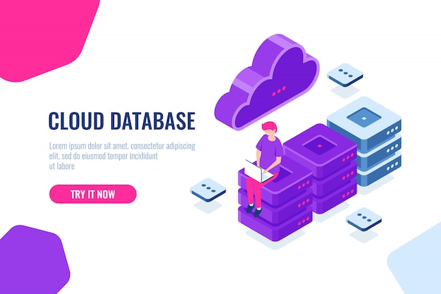 Tecnologia de computação em nuvem, armazenamento e processamento de big data, sala de servidores, banco de dados e datacenter Vetor grátis