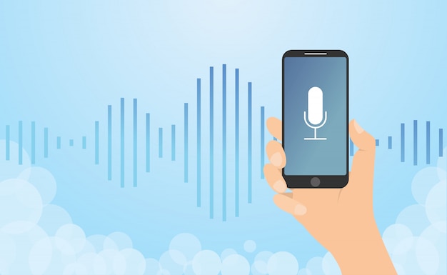 Tecnologia De Reconhecimento De Voz Com A Mão Segure A Onda De Ruído E Smartphone Com Moderno 4225