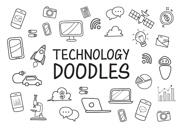 Tecnologia doodles ícones desenhados à mão Vetor Premium