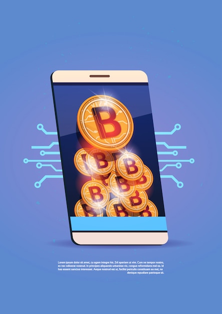 Telefone esperto da pilha com conceito cripto da moeda do dinheiro da web de digitas da pilha de bitcoins Vetor Premium