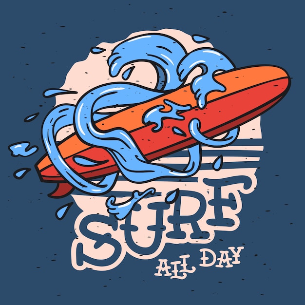 Tema De Surf Com Prancha De Surf Longboard E Ondas De água Desenhados à Mão Ilustração Vintage 4358
