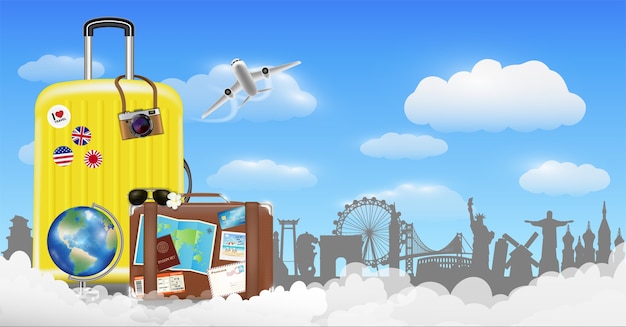 Tempo para viajar com saco e objeto de viagem mundial Vetor Premium