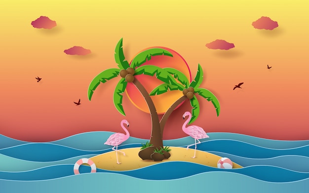 Temporada de verão, a ilha no oceano com flamingo Vetor Premium