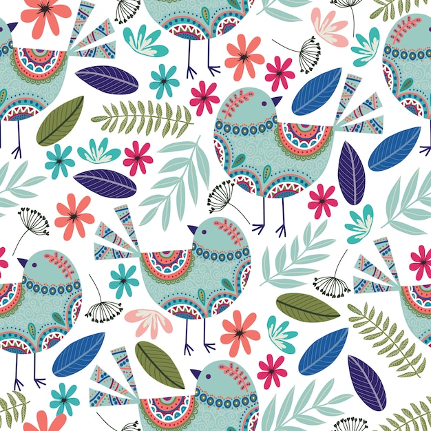 Teste padrão floral com pássaros, flores e folhas em fundo escuro Vetor Premium