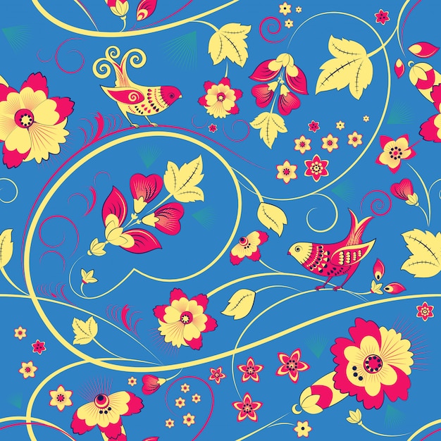 Teste padrão floral sem costura com pássaros no azul Vetor Premium