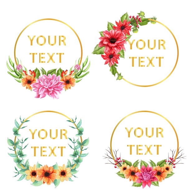 Texto de modelo com coroa de flores da dália floral. fundo Vetor Premium