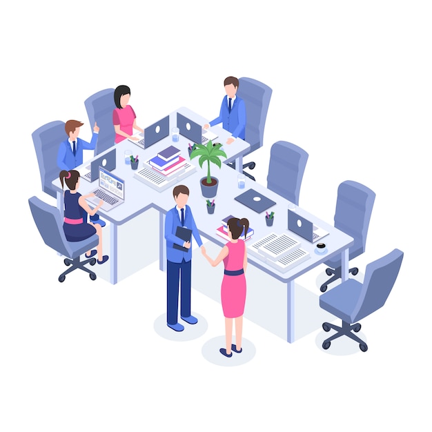 Trabalhadores de escritório, chefe e empregados em personagens de desenhos animados 3d do local de trabalho. Vetor Premium