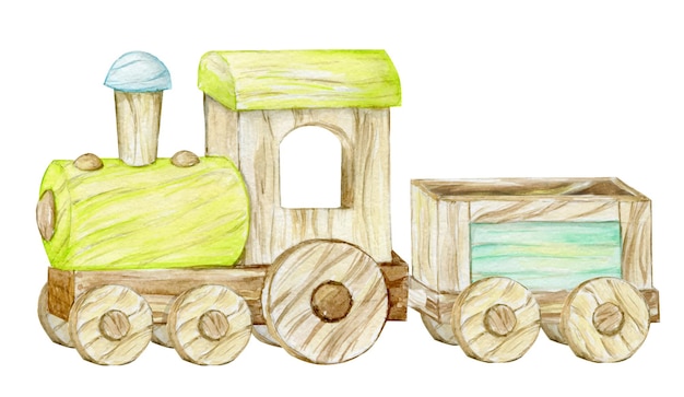 Trem De Brinquedo De Madeira Em Fundo Branco Clip Art Em Aquarela Em Estilo Cartoon Para Convites Infantis E Cartoes Postais Vetor Premium