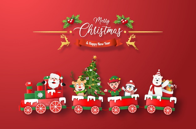 Trem de natal com papai noel e personagem em fundo vermelho Vetor Premium