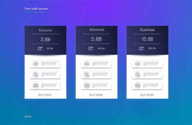 Três bandeiras de tarifas. tabela de preços da web. desenho vetorial para web app. lista de preços. Vetor Premium