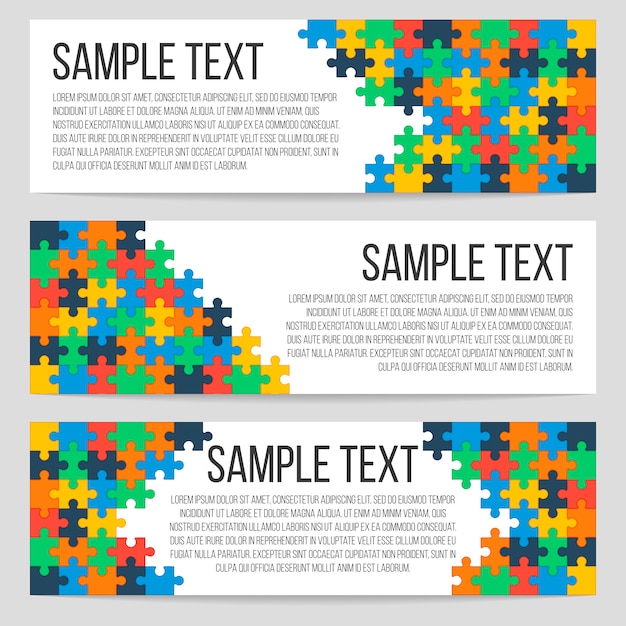 Três banners horizontais modelo com quebra-cabeça abstrata Vetor Premium