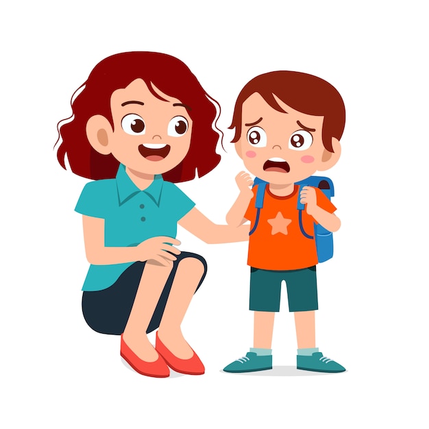 Triste menino chorando com sorriso de mãe Vetor Premium